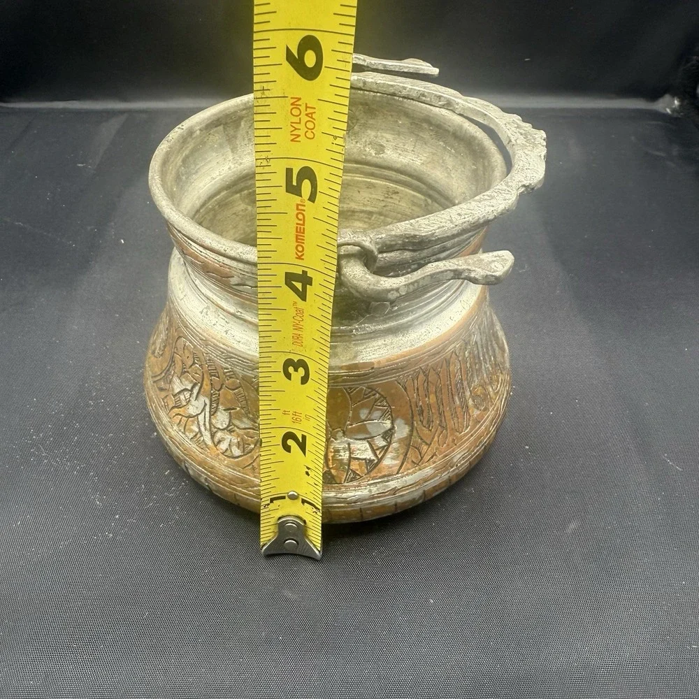Antique Turkish Etched Copper Cauldron Bakrac Yogurt Pot, Hand‎ Hammered